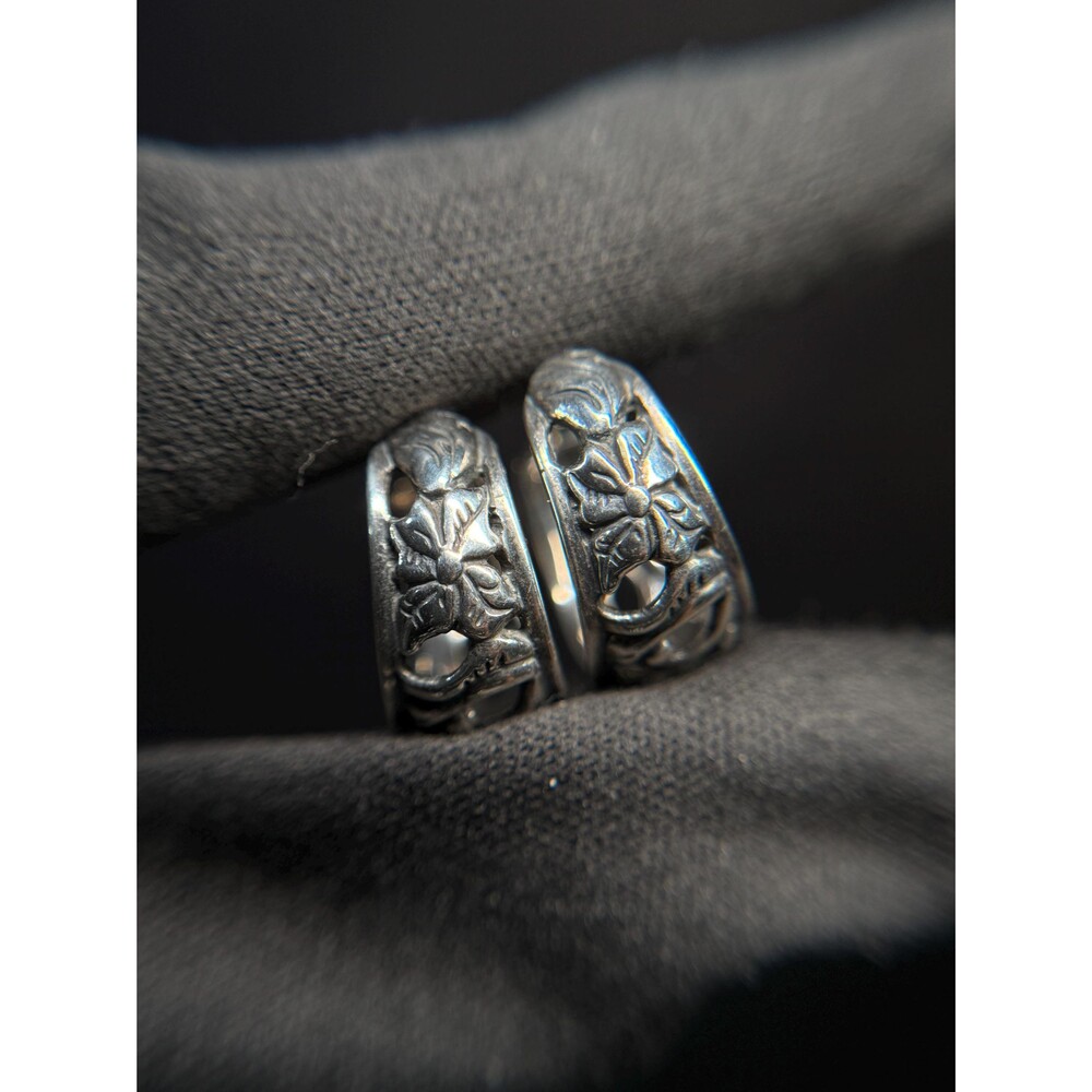 Vintage Sterling Silver Floral Filigree Hoop Earrings